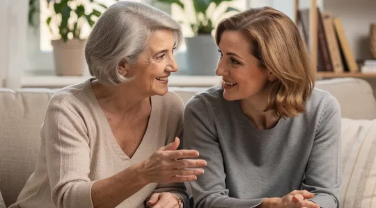 Senior discutant avec sa fille dans un salon lumineux de résidence senior