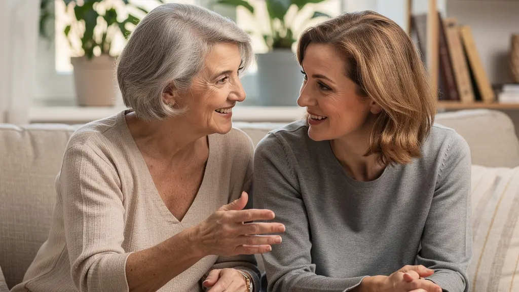 Senior discutant avec sa fille dans un salon lumineux de résidence senior