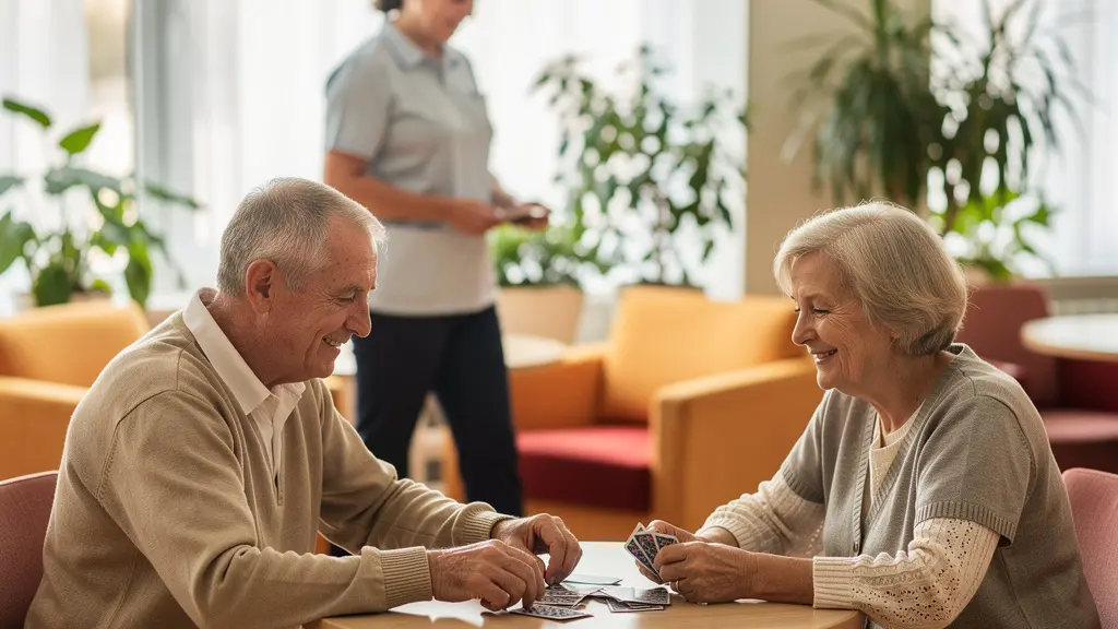 Seniors participant à une activité collective dans l'espace commun d'une résidence