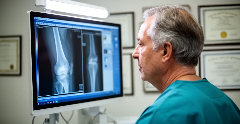 Chirurgien orthopédiste analysant une radiographie du genou sur écran