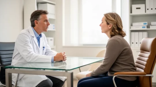 Médecin orthopédiste en consultation avec un patient pour une pathologie du genou