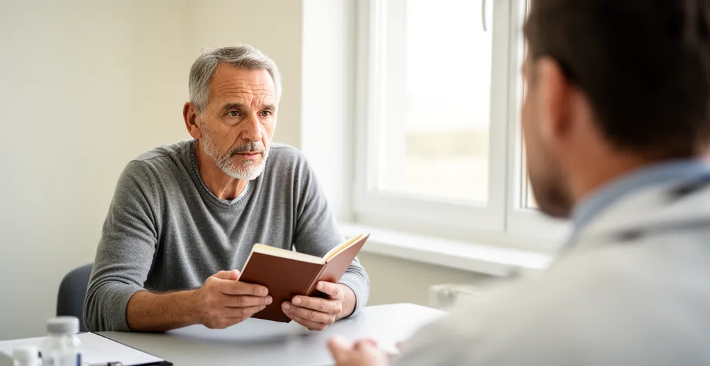 Patient préparé avec carnet de notes lors d'une consultation chirurgicale