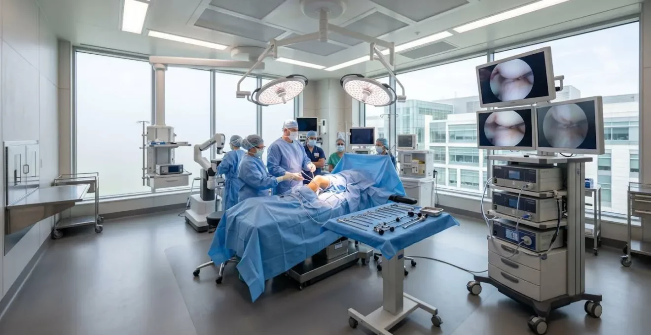 Bloc opératoire contemporain équipé d'une colonne d'arthroscopie et d'instruments chirurgicaux stériles dans une ambiance lumineuse et technologique