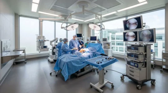 Bloc opératoire contemporain équipé d'une colonne d'arthroscopie et d'instruments chirurgicaux stériles dans une ambiance lumineuse et technologique