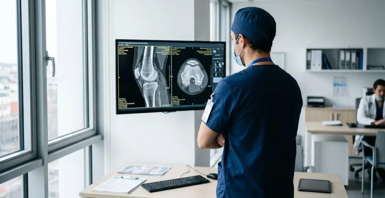 Un chirurgien de dos consulte une imagerie médicale du genou sur un écran moderne dans un cabinet médical lumineux