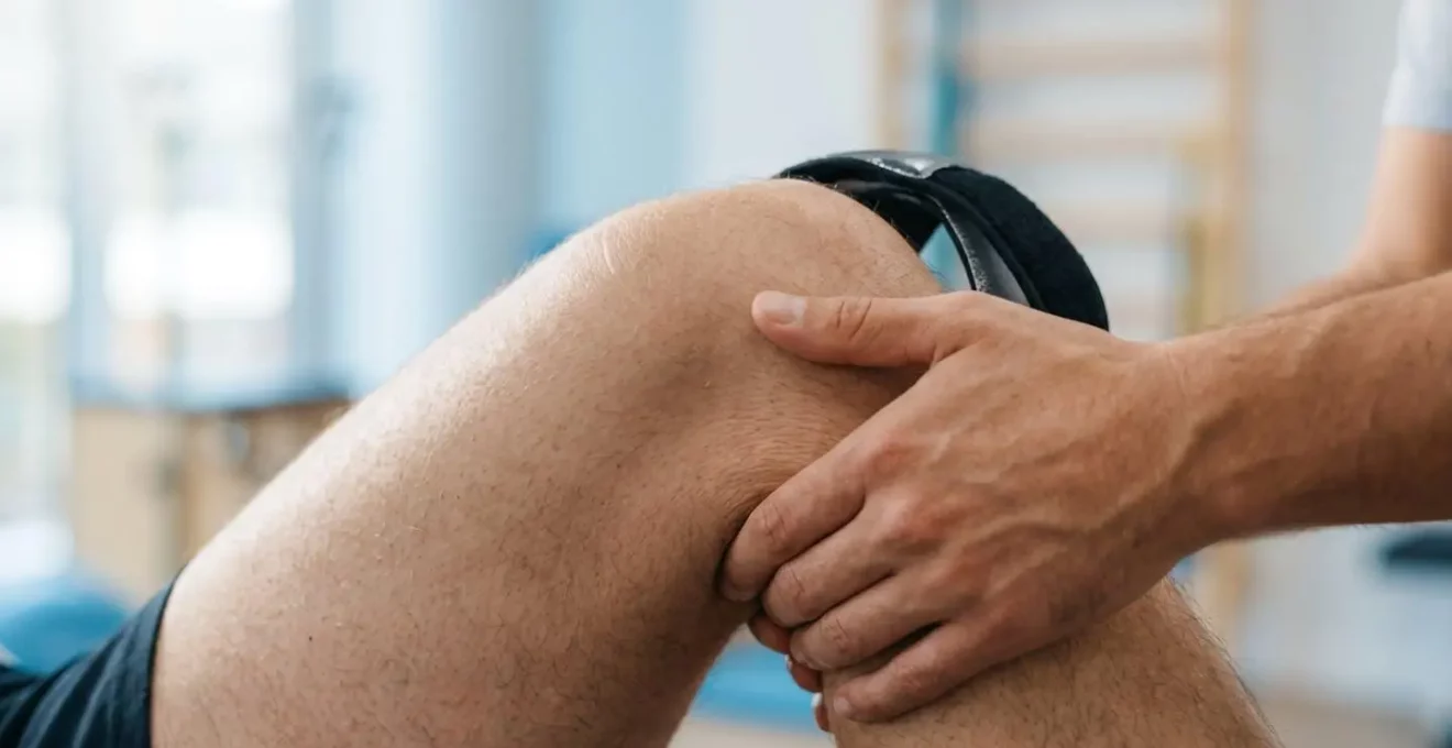 Gros plan sur un genou bandé en cours de rééducation avec la main d'un kinésithérapeute guidant doucement la flexion articulaire sous lumière naturelle douce