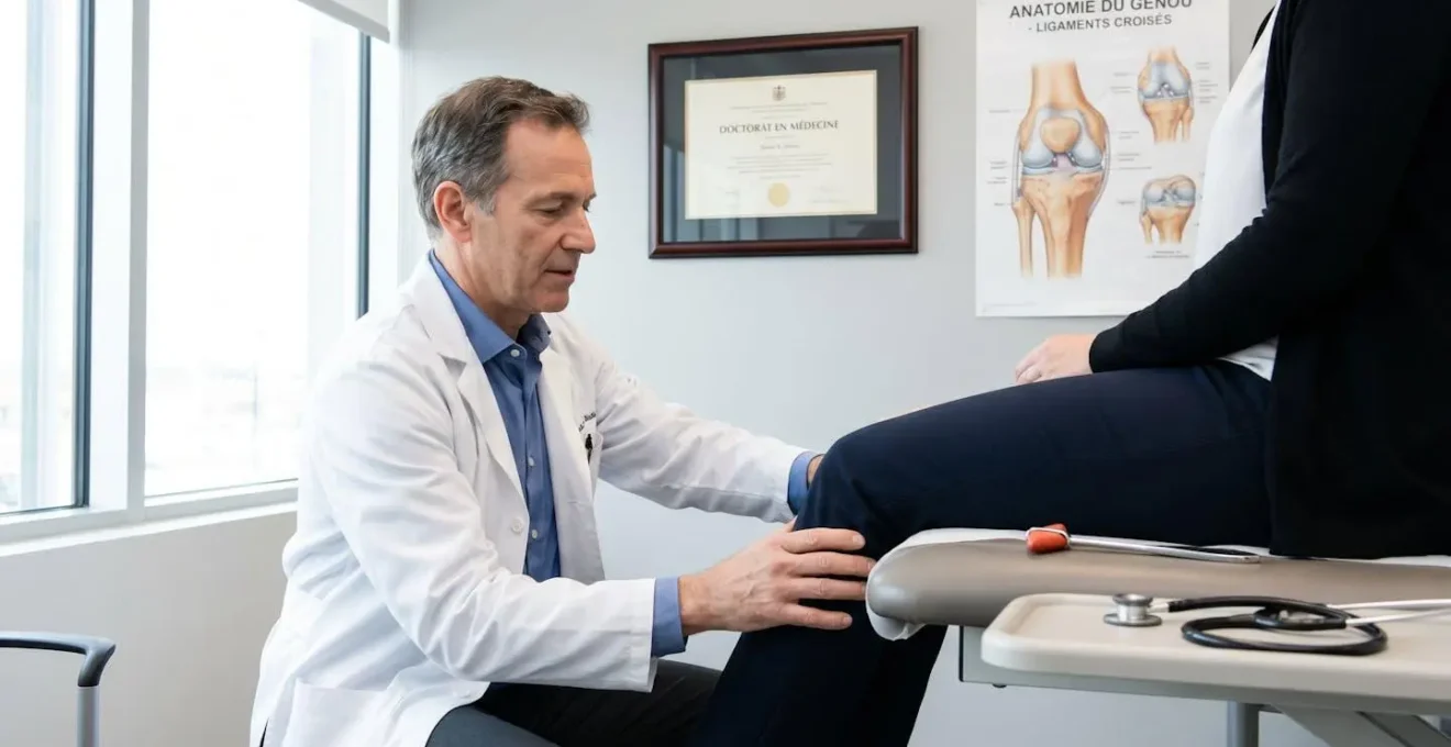 Chirurgien orthopédiste examinant le genou d'un patient lors d'une consultation de suivi post-opératoire